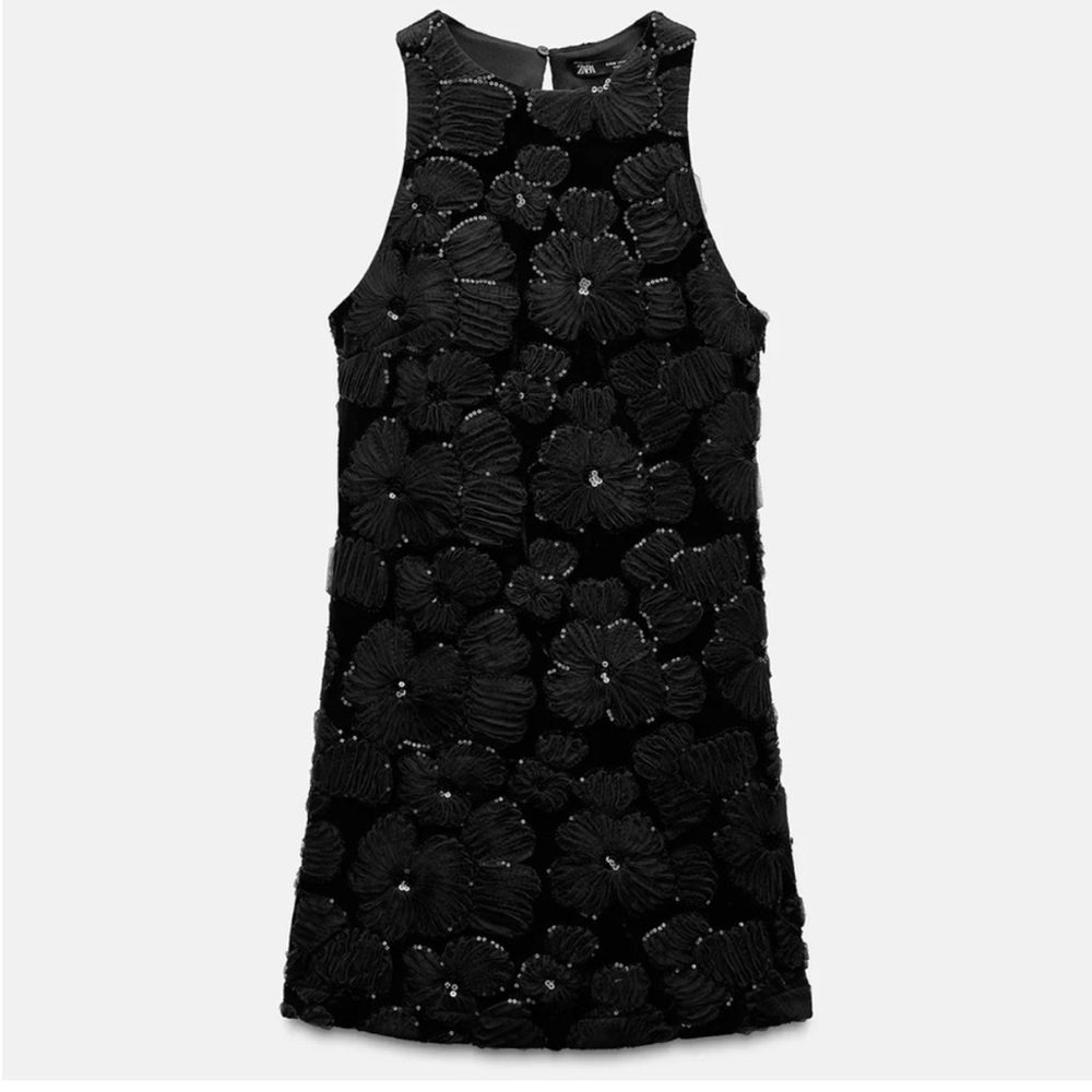 Zara Black Textured Floral Mini Dress